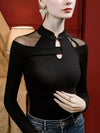 Vintage Mesh Shirt Women Long Sleeve Asymmetric Qipao Style Top