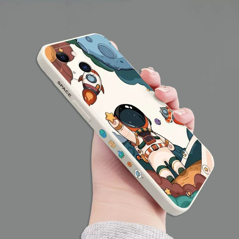 Quadratische Silikonhülle mit Cartoon-Astronauten-Motiv für iPhone Bumper Back Cover