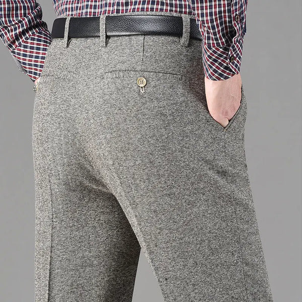 Men Fleece Lined Wool Dress Pants High Waist Winter Business Slacks