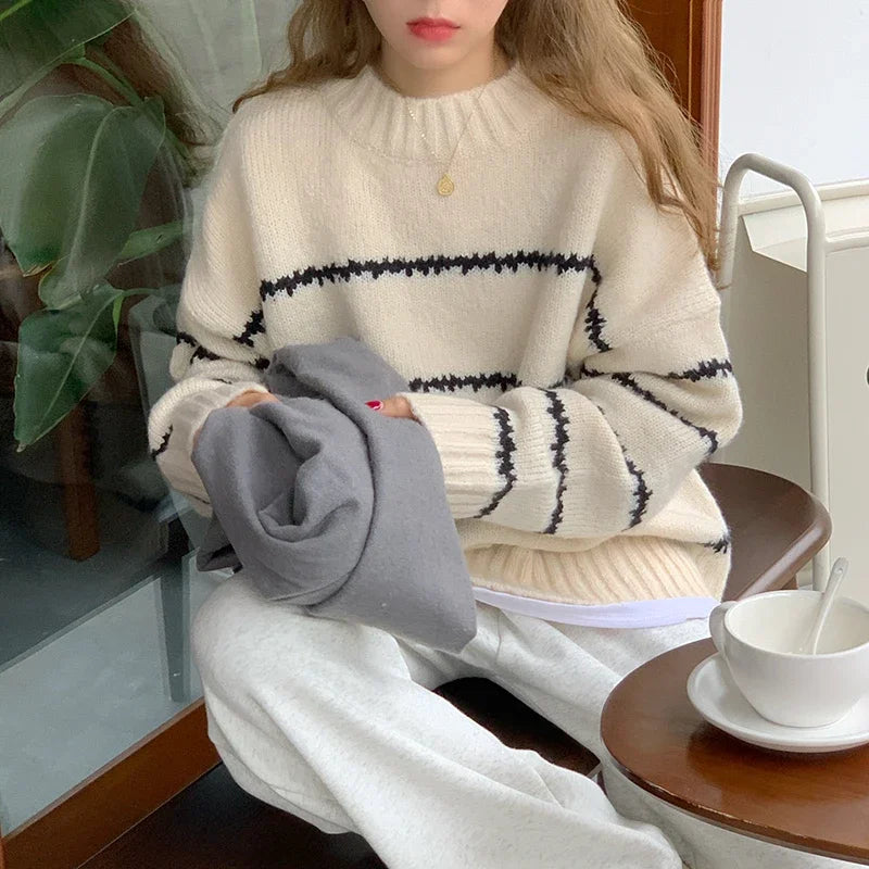 Women’s Autumn Winter Striped Mock Neck Sweater – Loose Knit Long Sleeve Pullover Top