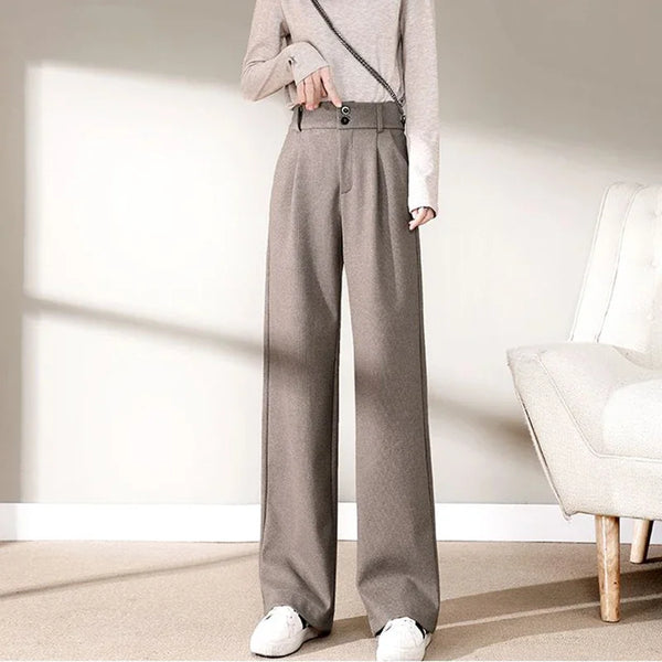 Womens Wool Pants High Waist Straight Leg Thickened Winter Trousers