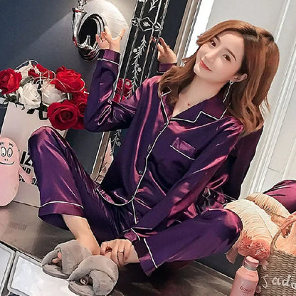Plus Size Silk Pajamas Women Autumn Winter Soft Button-Up Sleepwear Set