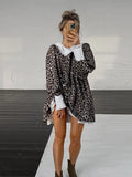 Fashion Leopard Turn Down Collar Mini Dress Chic Patchwork Long Sleeve Dresses