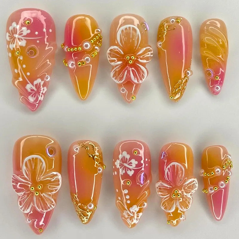 24pcs White Flower Fake Nail Tips Ins Yellow Pink Blush False Nails