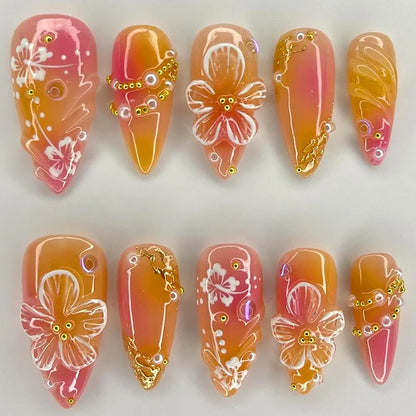 24pcs White Flower Fake Nail Tips Ins Yellow Pink Blush False Nails