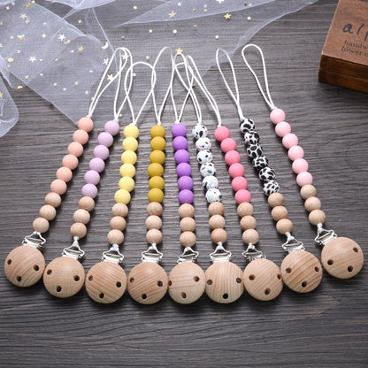 Wooden Pacifier Clip Silicone Beads Baby Teether Toy