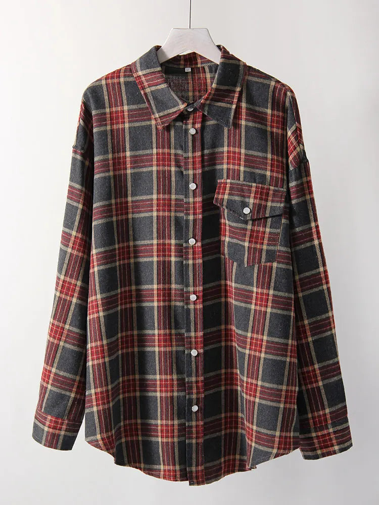 Vintage Oversized Plaid Shirt Women Casual Blouse