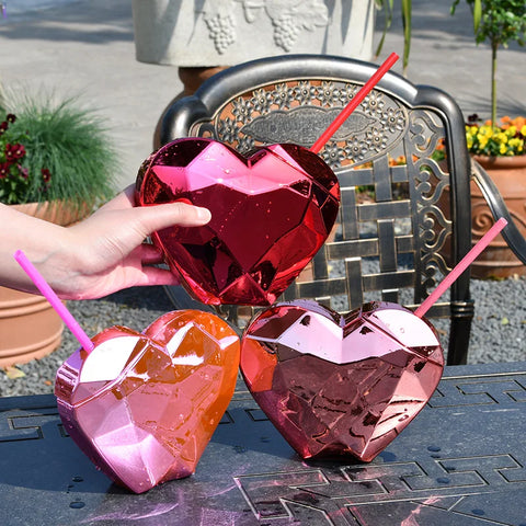 Love-themed Plastic Water Cup with Lid and Straw