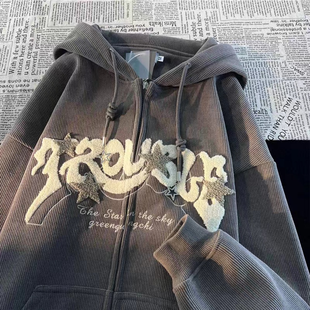 Fashion Retro Street Corduroy Letter Stars Embroidered Hoodie Female Couple Loose Zipper Hoodie - xinnzy