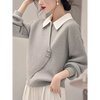 Womens Corduroy Sweatshirt Layered Look Gray Polo Collar Korean Style