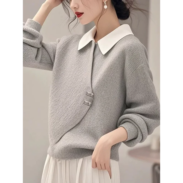 Womens Corduroy Sweatshirt Layered Look Gray Polo Collar Korean Style