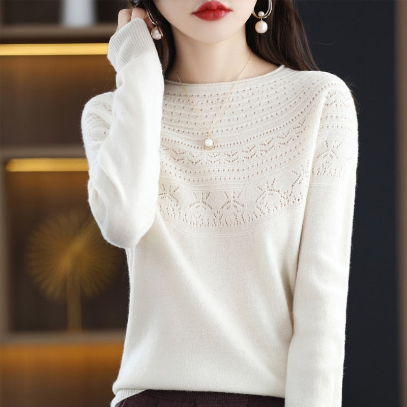 Autumn Winter New Seamless One-Line Pullover WooL Round S Neck UpperBody Hollow - xinnzy