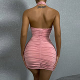 Cross Night Club Dress Backless Cut-out Pleated Mini Party Sleeveless Buttocks Bodycon Dress