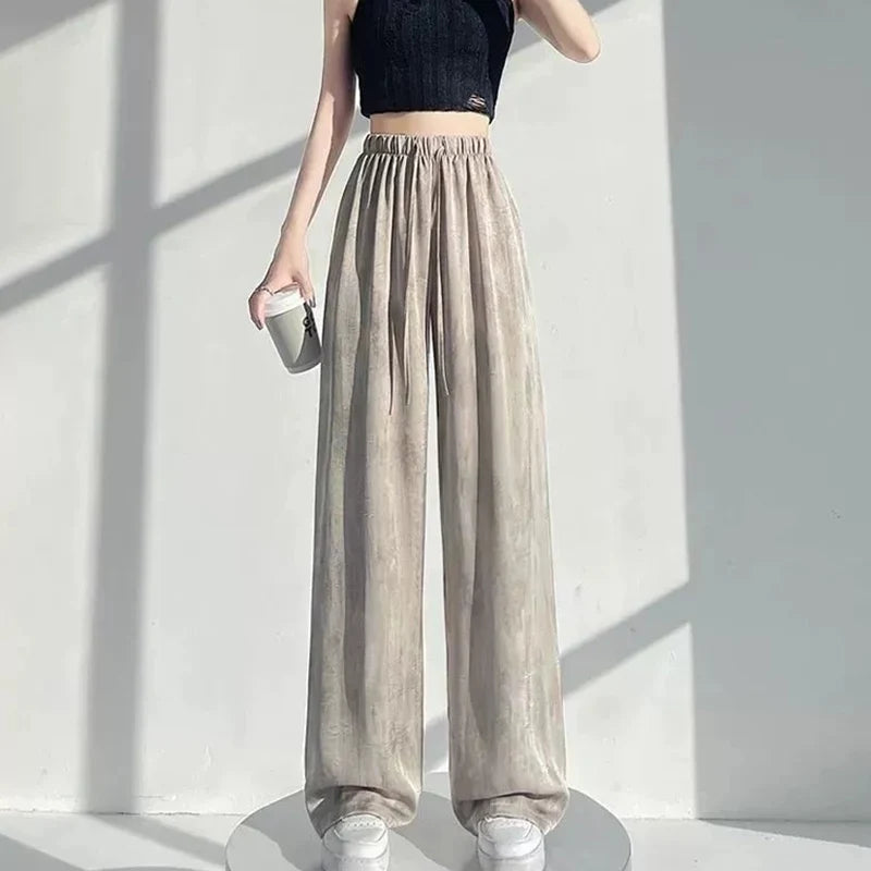 Satin Tie Dye Wideleg Pants Women Drawstring Draped Straight Pants