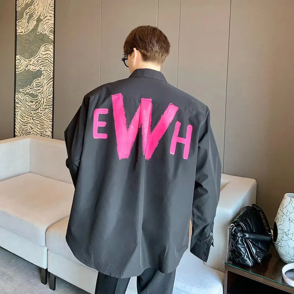 Mens Shoulder Pad Shirt Graffiti Letter Square Collar Long Sleeve