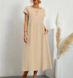 Womens Solid Color Cotton Linen Dress