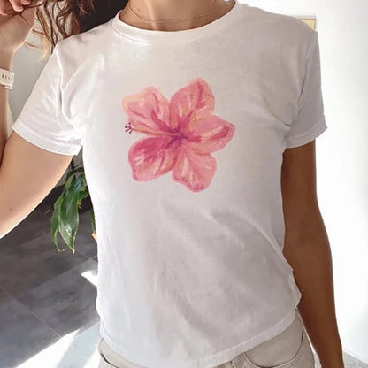 Retro EMO Girl Croptop Short Sleeve Flower Print Aesthetic