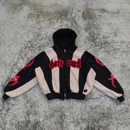 Y2K Striped Letter Zip Hoodie Women American Streetwear Sweatshirt