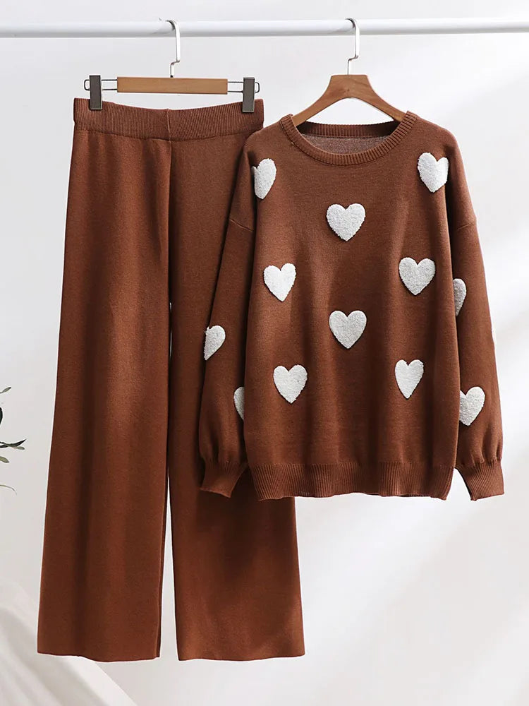 Heart Sweater Pants Set Women Winter Knitted Suit