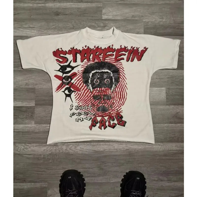 American Gothic Cartoon Alphabet Print Oversized T-shirt Men Street