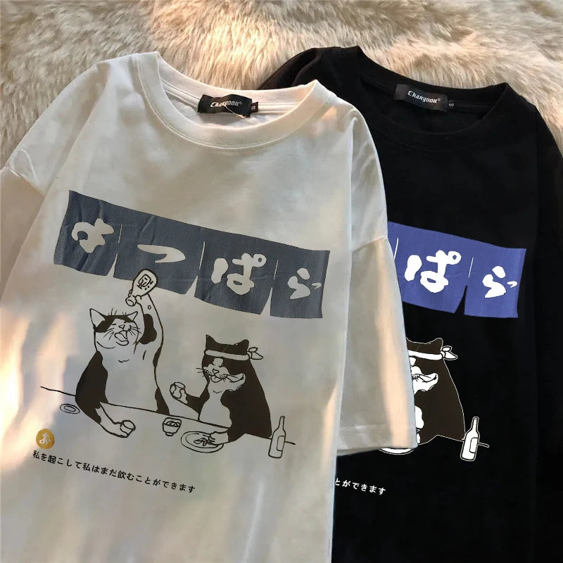 Harajuku Streetwear Japanese Kanji Funny Cat Printed T Shirt
