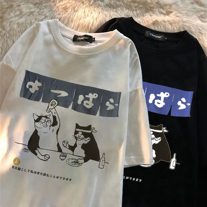 Harajuku Streetwear Japanese Kanji Funny Cat Printed T Shirt