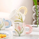 Handbemalte Perlenglasur-Tasse mit Blumenmuster aus Keramik, hochwertiges Kaffeetassen-Set