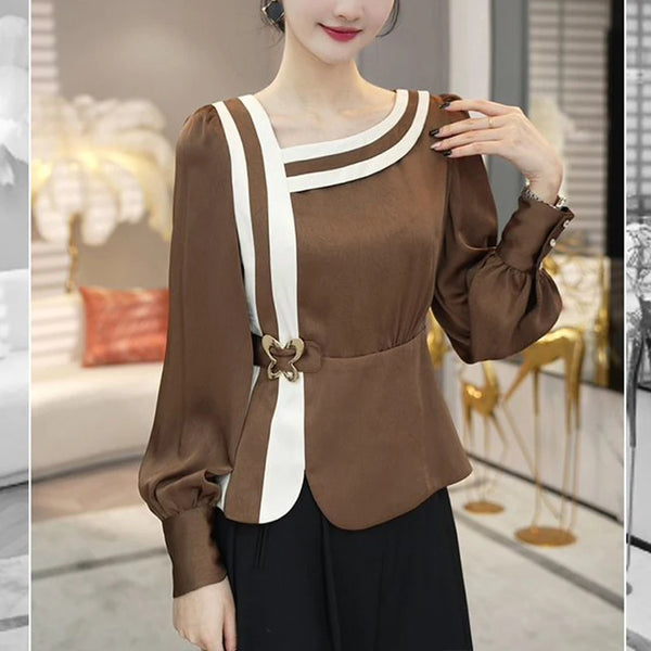 Womens High Waist Blouse V Neck Long Sleeve Color Block Office