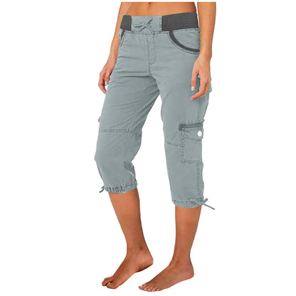 Women Cargo Capris Summer Soild Casual Pants With Pocket Drawstring