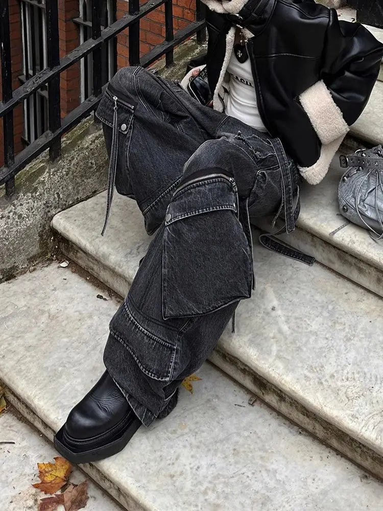 Y2K Lace Up High Waisted Wide Leg Denim Jeans