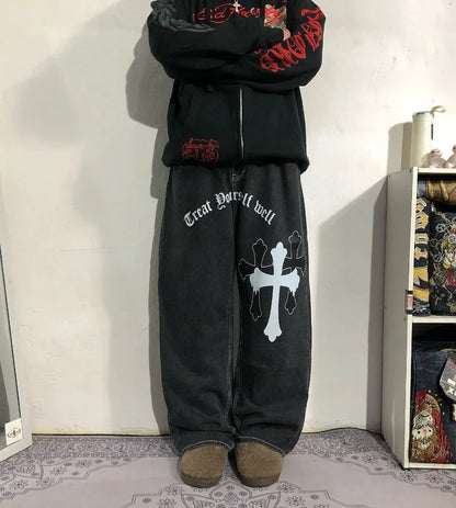 Bold Cross Design American Casual Men Jeans