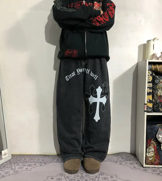 Bold Cross Design American Casual Men Jeans