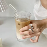 375Ml Stripe Glass Cup with Lid Straw Japanese Style Drinking Chic Mugs