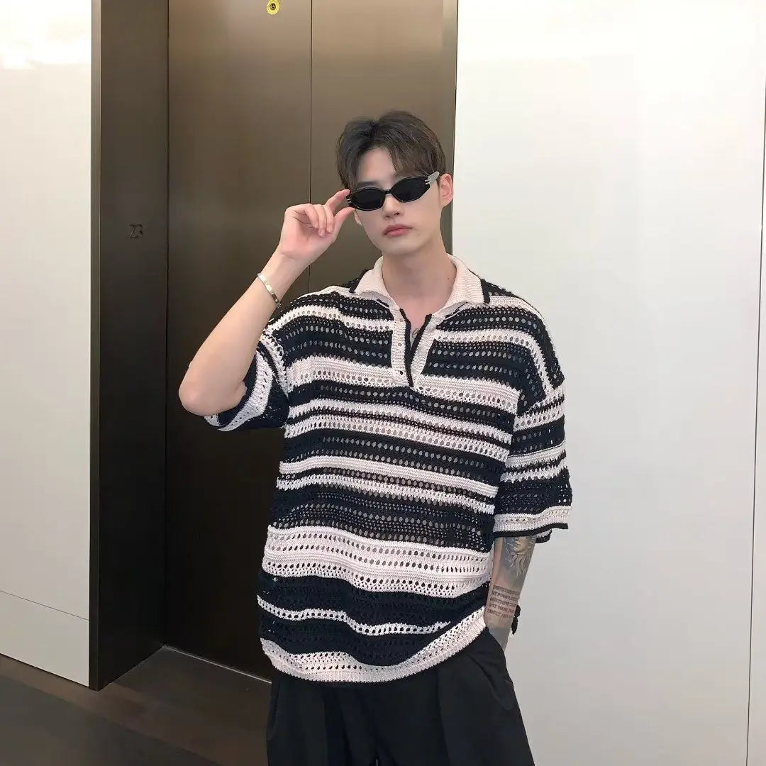 Retro Rainbow Striped Knit Polo Shirt Men Harajuku Loose Casual