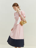 Women Long  Skirts Cotton Dresses Square Neck Pink Navy Blue Patchwork Design