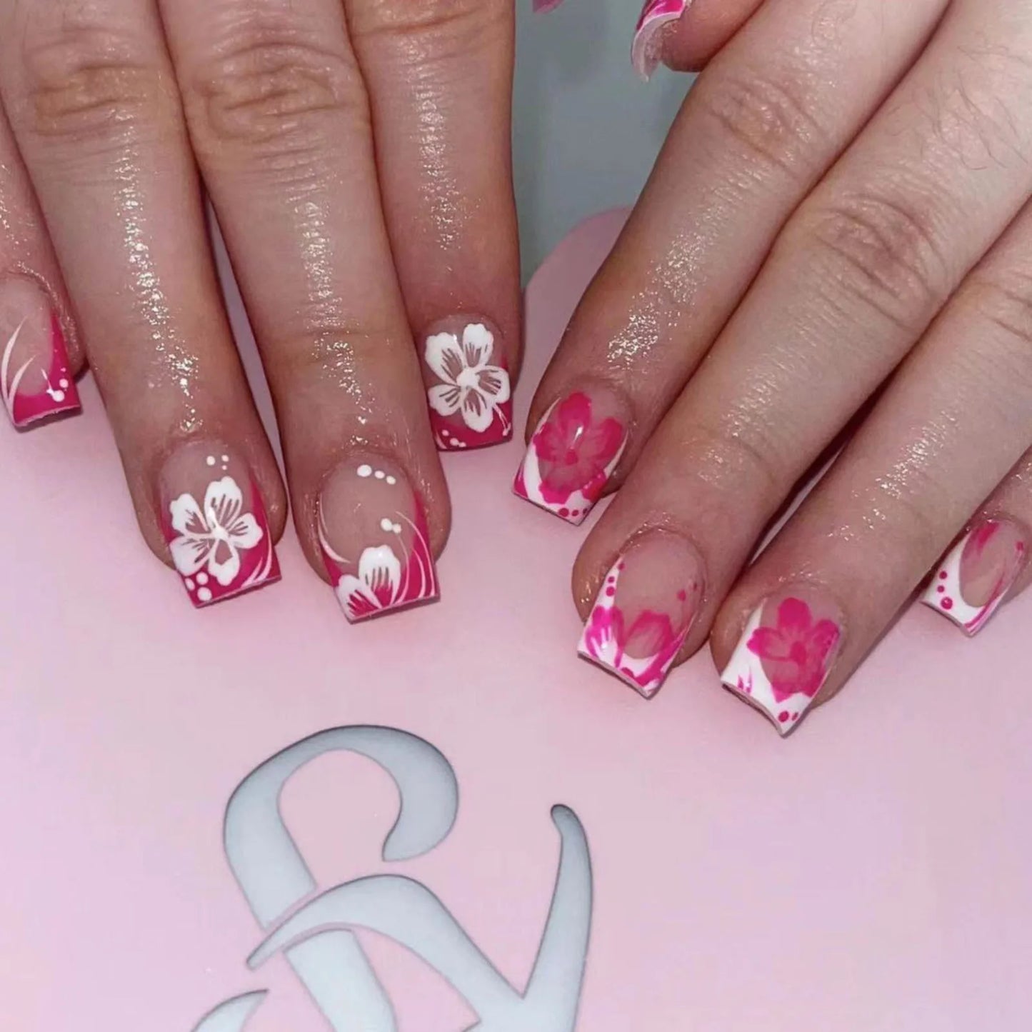 Pink Floral French Tip Nails