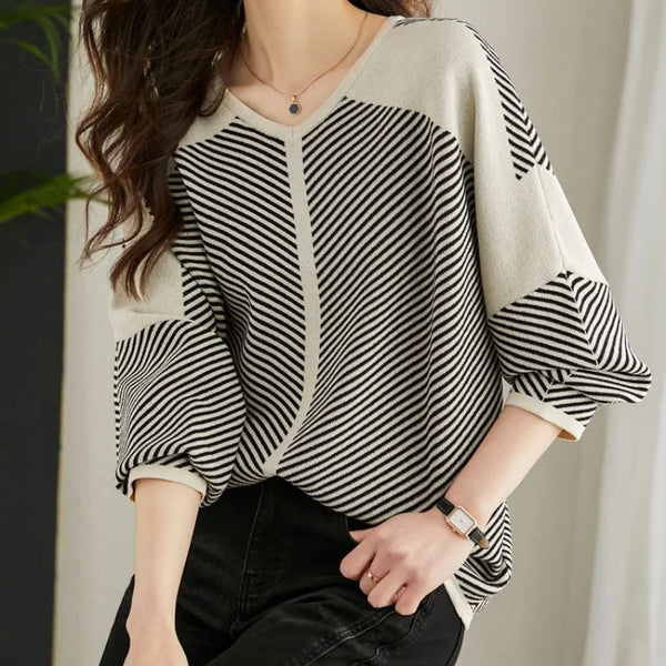 Womens Striped V Neck Pullover Oversized Long Sleeve Tee Office Top(7