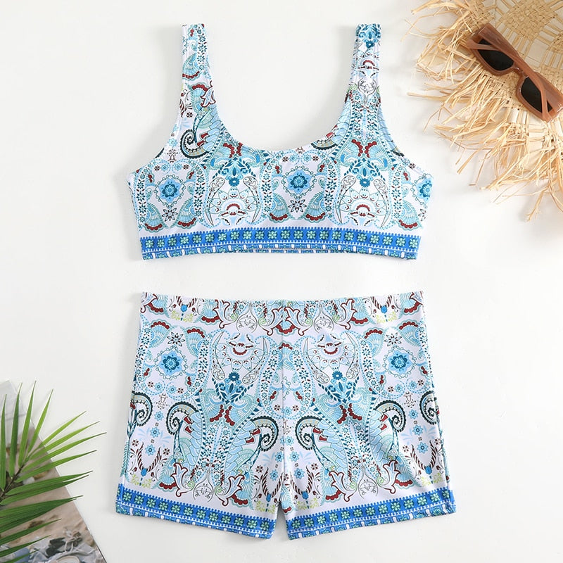 Vintage Bikini Set Swimsuit Retro Print Tank Top High Waist