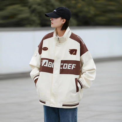 Retro Varsity Jacket Men Vintage Letter Print Baseball Patchwork