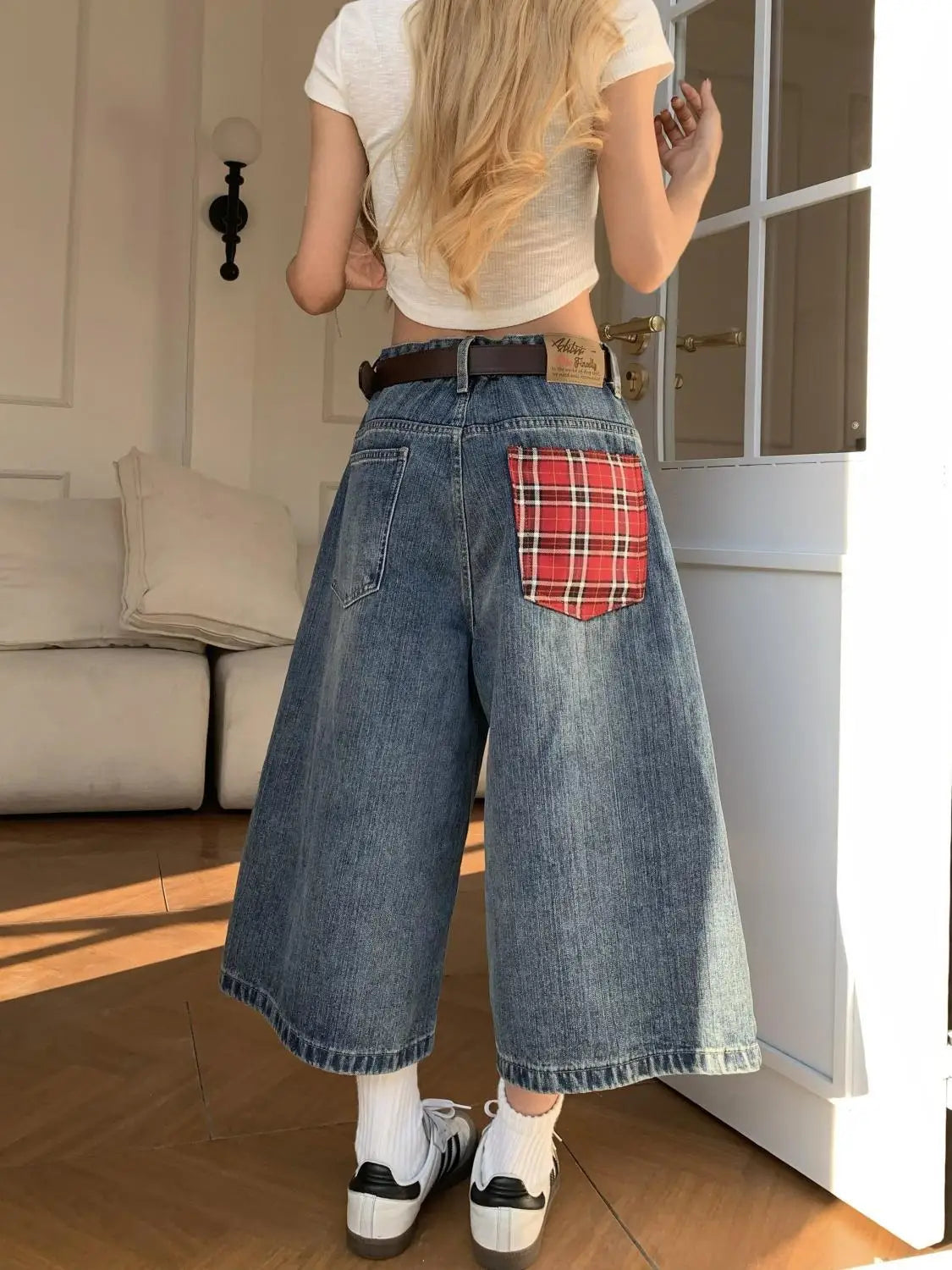 Women's American Retro Plaid Pocket Wide-Leg High-Waist Jeans