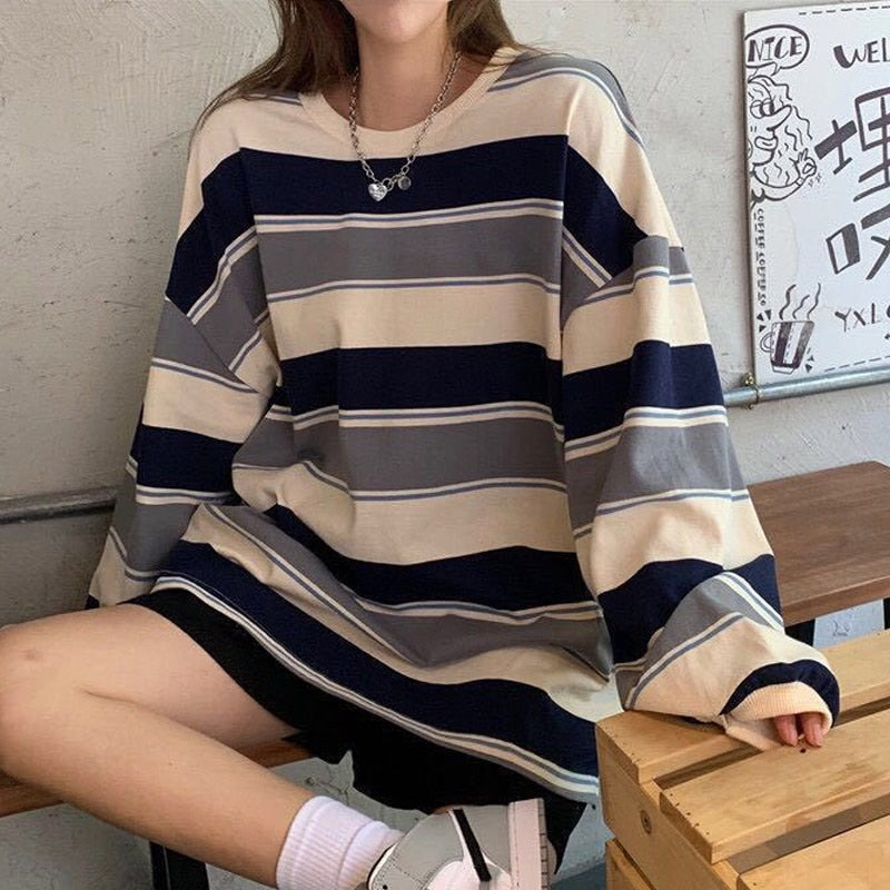 Hoodies Striped Oversized Sweatshirt Women Korean Fashion