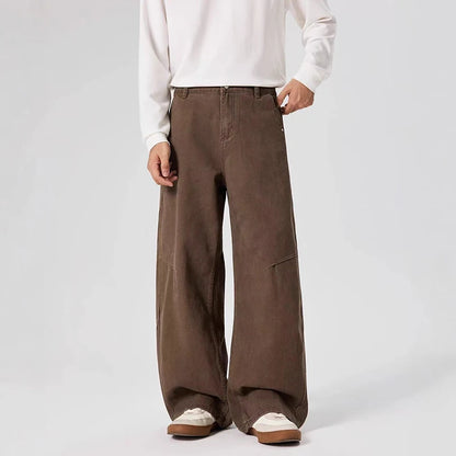 Mens Deconstructed Vintage Jeans Wide Leg Straight Fit Drape Style