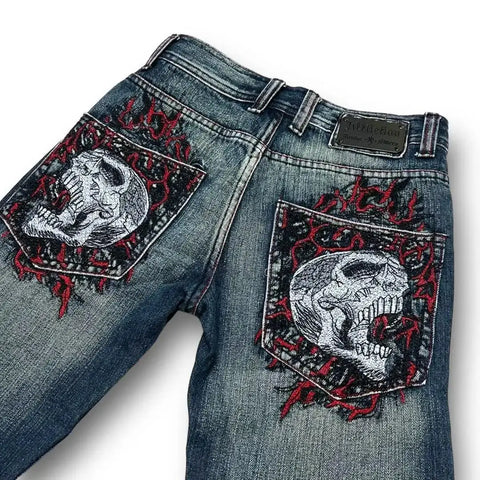 Retro Flame Skull High-Waist Jeans Harajuku Slim Denim für Damen