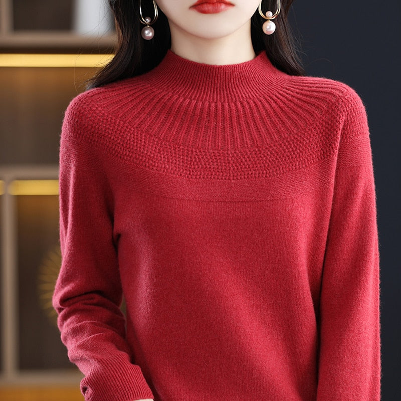 Cashmere knitting sweater high collar merino wool high collar slim soft long sleeve pullover top - xinnzy