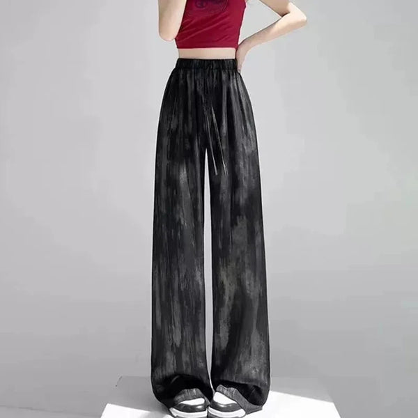 Satin Tie Dye Wideleg Pants Women Drawstring Draped Straight Pants