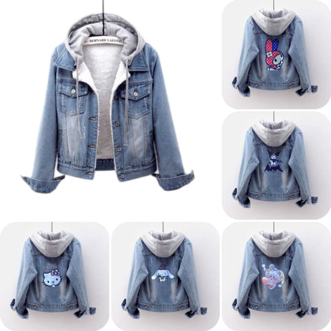 Winterjacke mit Kapuze Kuromi abnehmbare Mütze hält warm My Melody Plüsch Denim