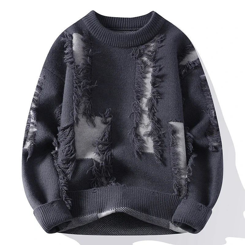 Men's Ripped Loose Knit Sweater Crew Neck Autumn Pullover