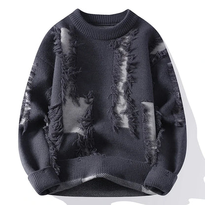 Men's Ripped Loose Knit Sweater Crew Neck Autumn Pullover