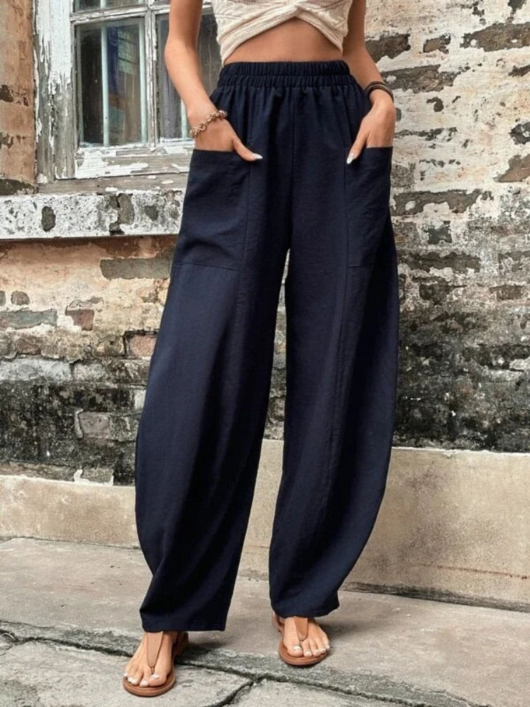 High Waisted Women's Harem Pants with Pockets Casual Beach Baggy Trousers