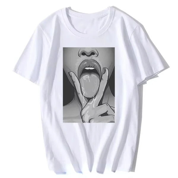 Edgy Graphic Tee Unisex Punk Gothic Tongue Print Streetwear Shirt